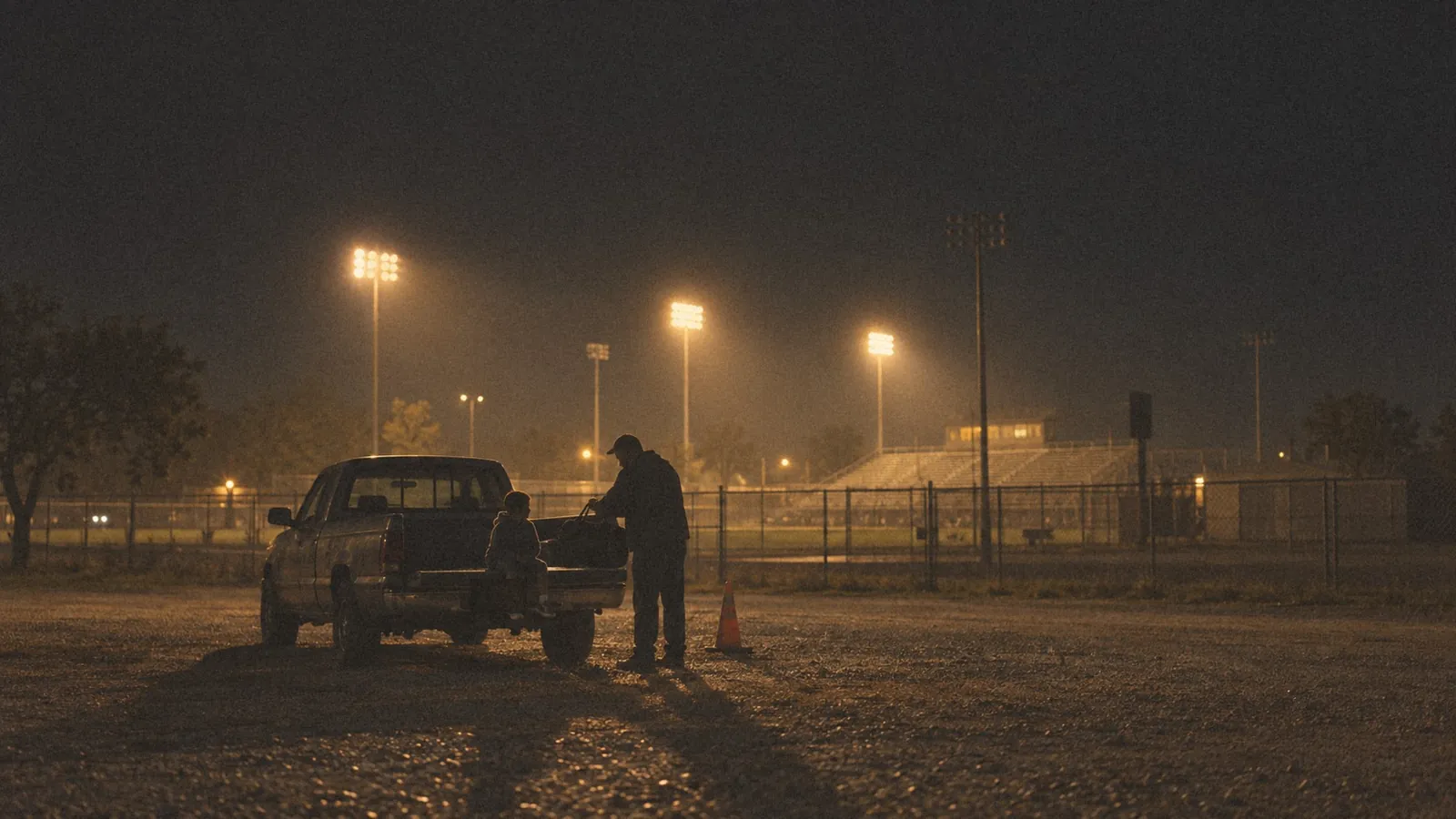 A coach loading a truck in the stadium parking lot after a night game